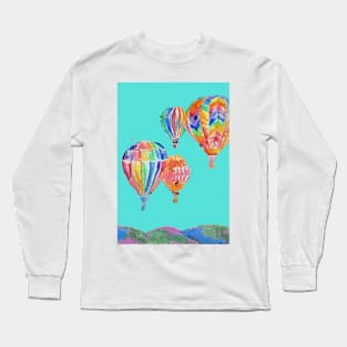 Hot Air Balloon Watercolor Painting on Aqua Turquoise Balloons Long Sleeve T-Shirt